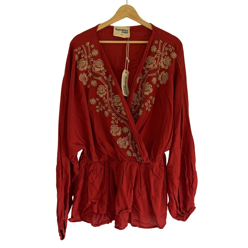 Savanna Jane Rust Red Floral Embroidered Peplum Blouse 2X New P19529